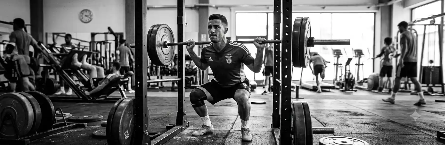 Footballer performing barbell strength training in the gym