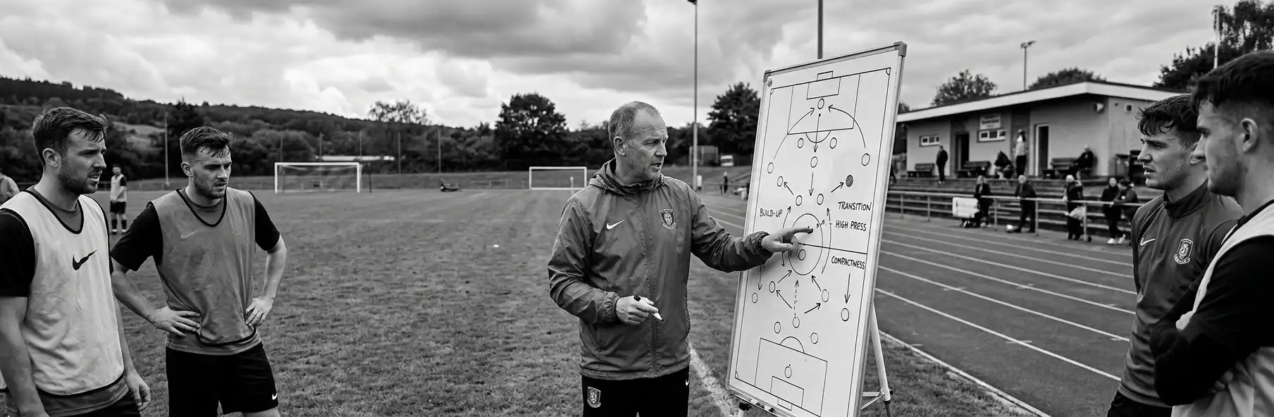 Manager explaining game principles on a tactics board
