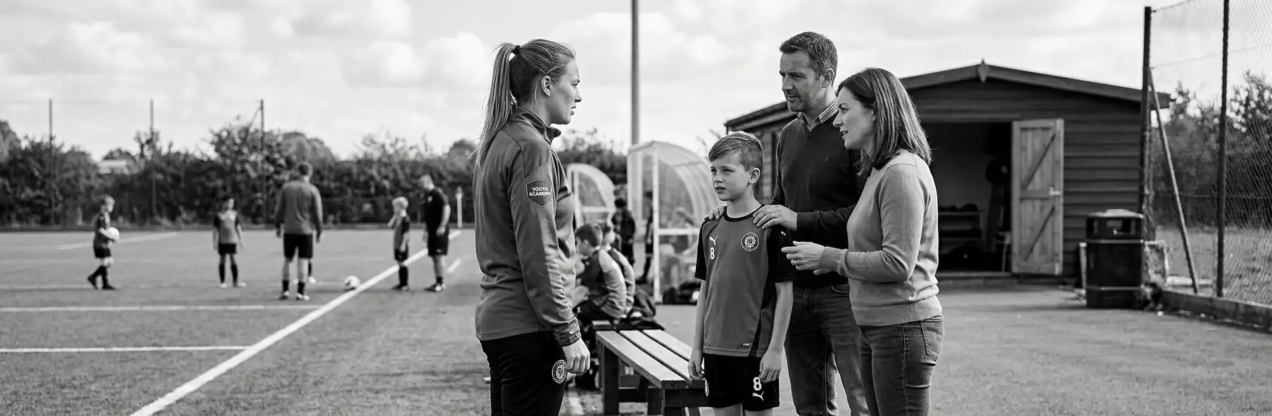 Parent talking to a young football player son after training