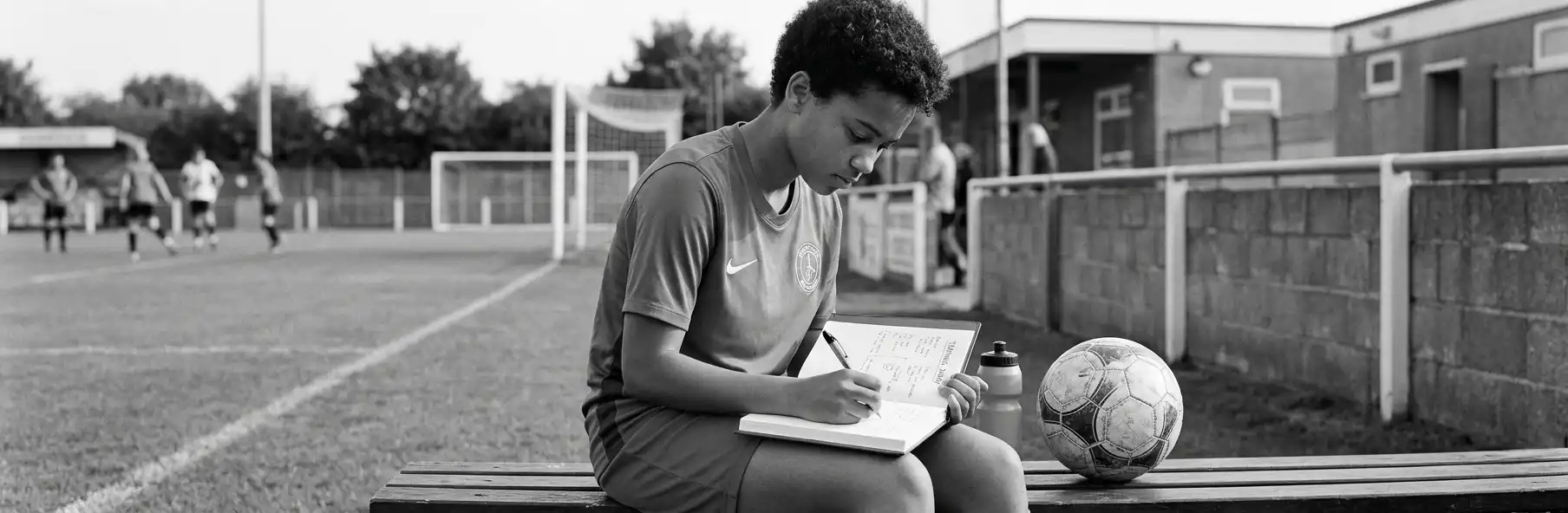 Young football player writing in a training journal after a session