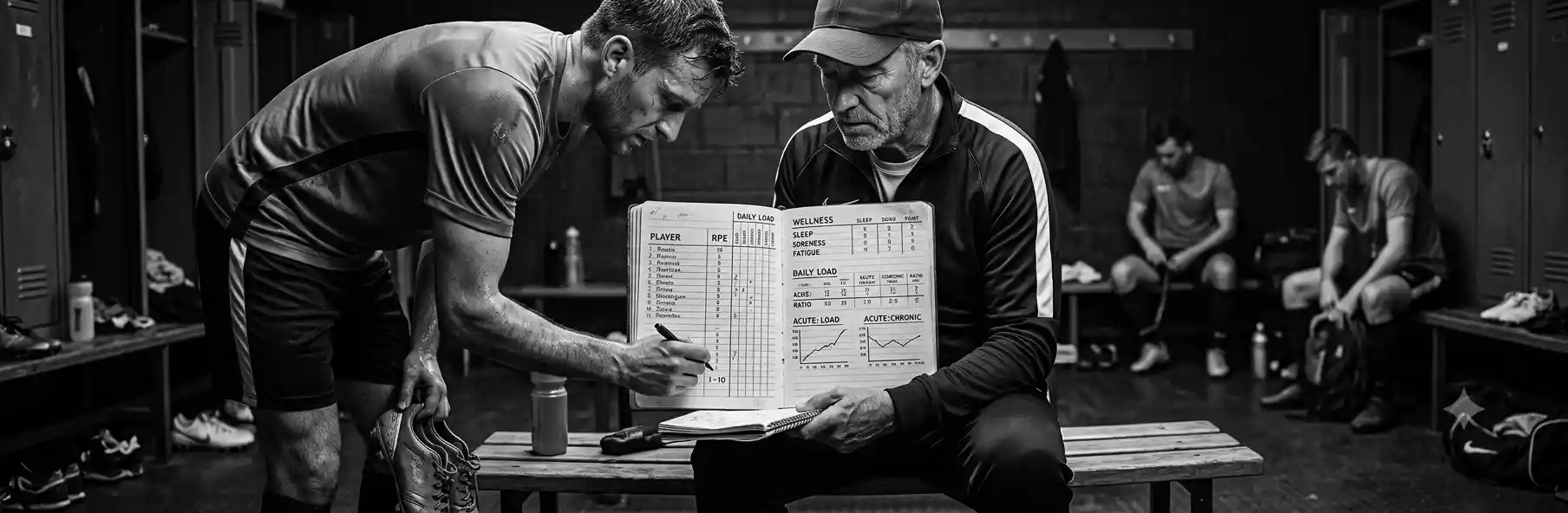 Football coach recording training load data in a notebook