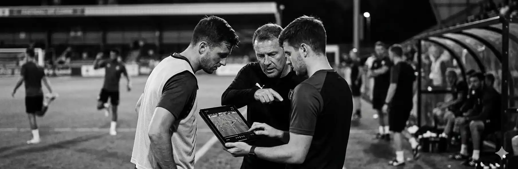 Football analyst reviewing pre-season friendly video on tablet
