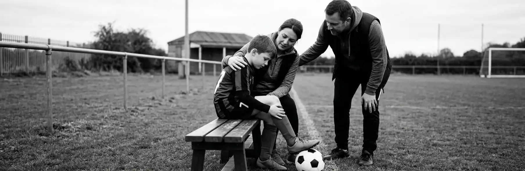 Young player sitting exhausted on the pitch after football training