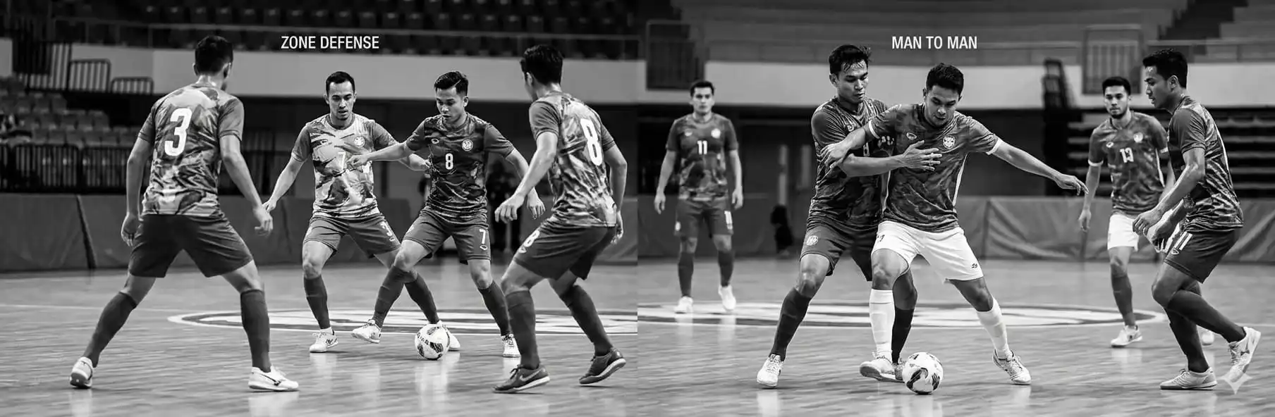 Tactical board showing zone and man-to-man defensive systems in futsal
